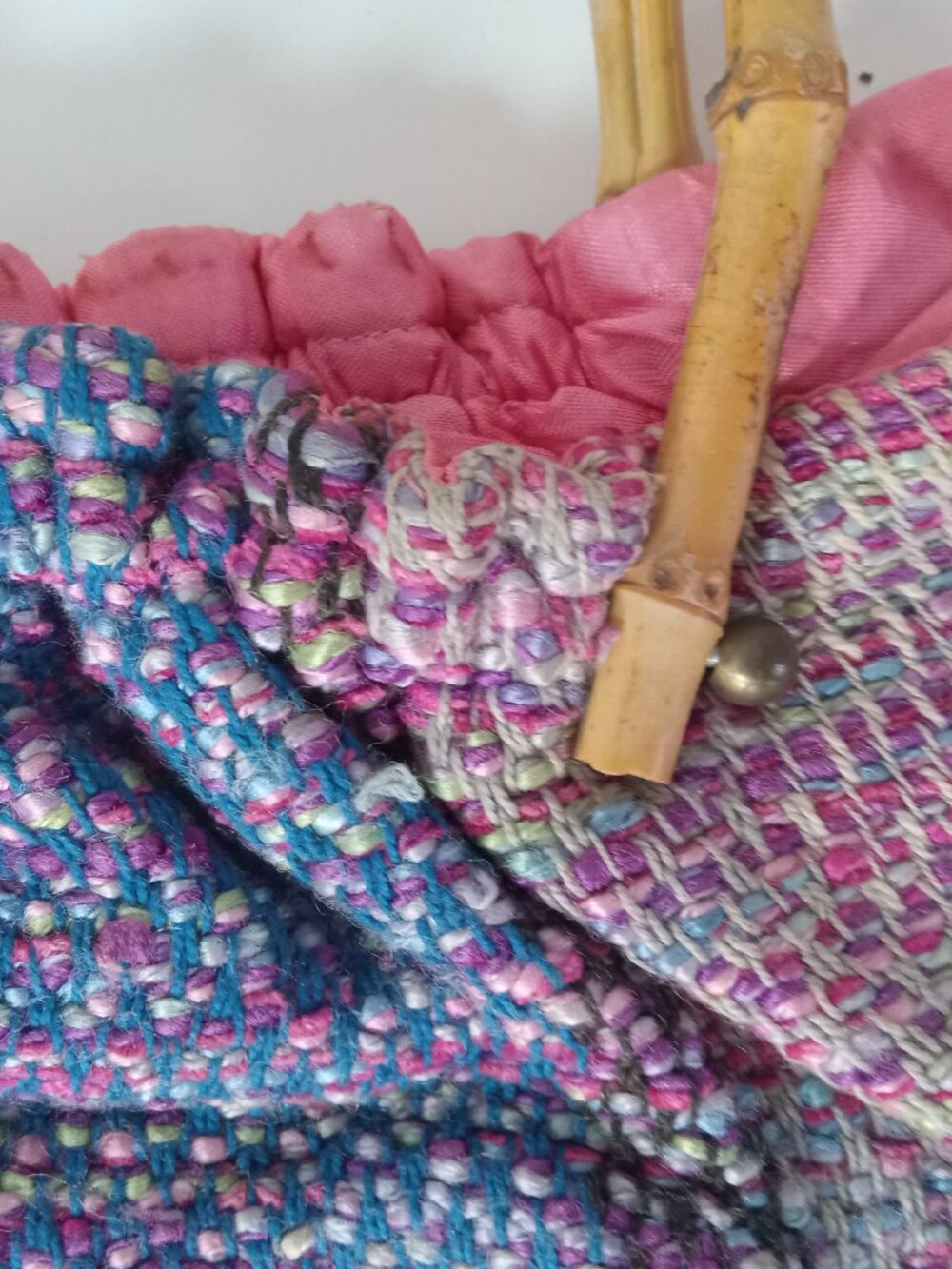 Vintage Hand Woven Fabric Textile Handbag Purse Pink Blue Bamboo Handles - Picture 8 of 15